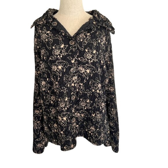 Coldwater Creek Jacket Womens Large Black Floral Reversible Collared Button Up - Picture 3 of 10